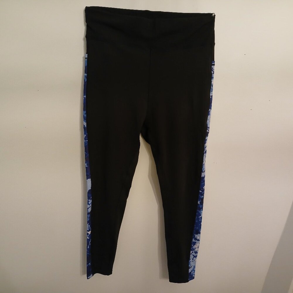 POP Fit 2X Spandex Pocketed Leggings Like-new Black w/ Blue Pattern Sides
